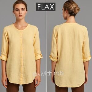 Flax 100% Linen Yellow Button Down Shirt Roll Tab Sleeve Mandarin Collar S Boho
